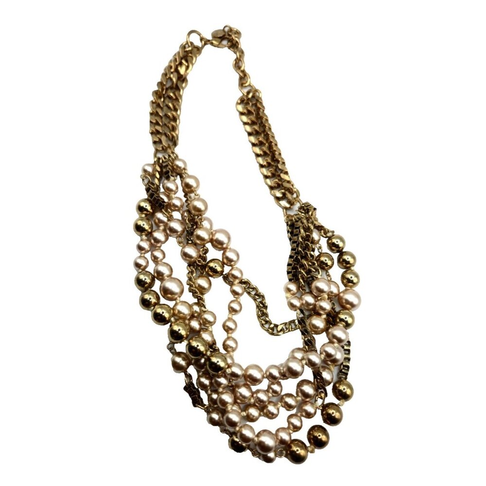 Stella & Dot Chunky Multi-Strand Gold Tone Chain and Pearl Statement Necklace